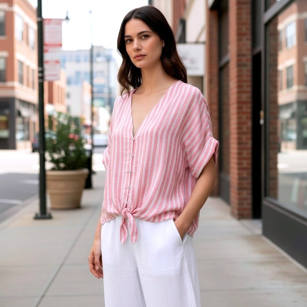 Bloomingdales Elan Striped Linen Blend Cropped Front Tie Top Womens XL‎ Pink NEW